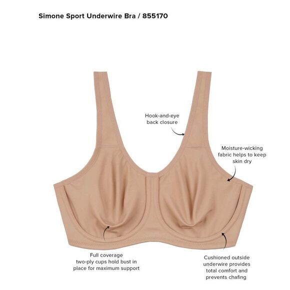 C 36 Wacoal Simone Sport Underwire Bra tan Size 40C 855170 - Picture 2 of 11
